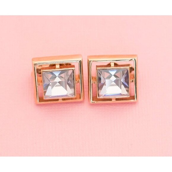 Vintage Gold Tone Box Diamond Clip On Earrings | Avon H9 - Picture 1 of 3